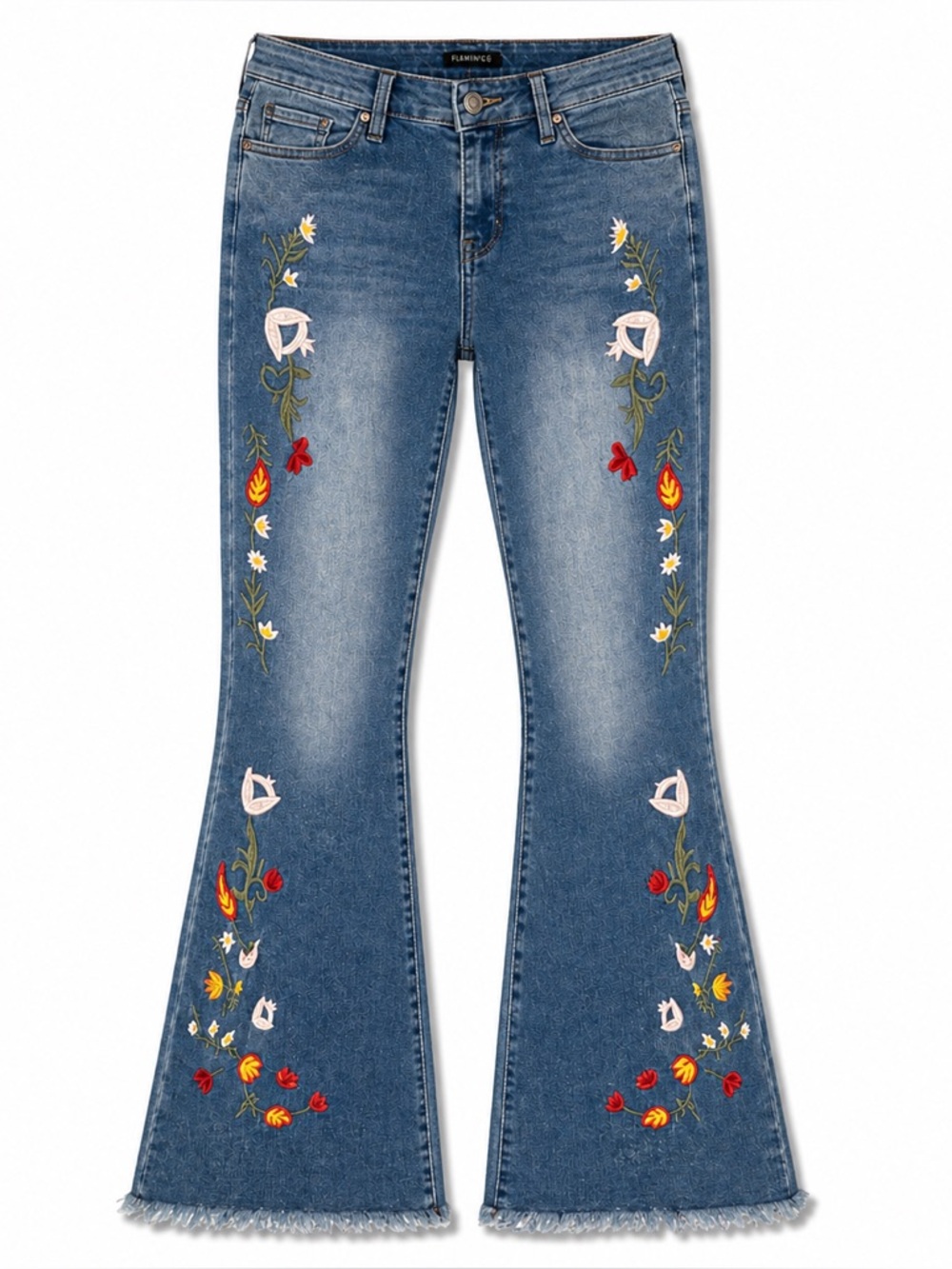 Flamingo Embroidered Flare Jeans Size M Fits 8 Raw Hem Hippie Festival Pants